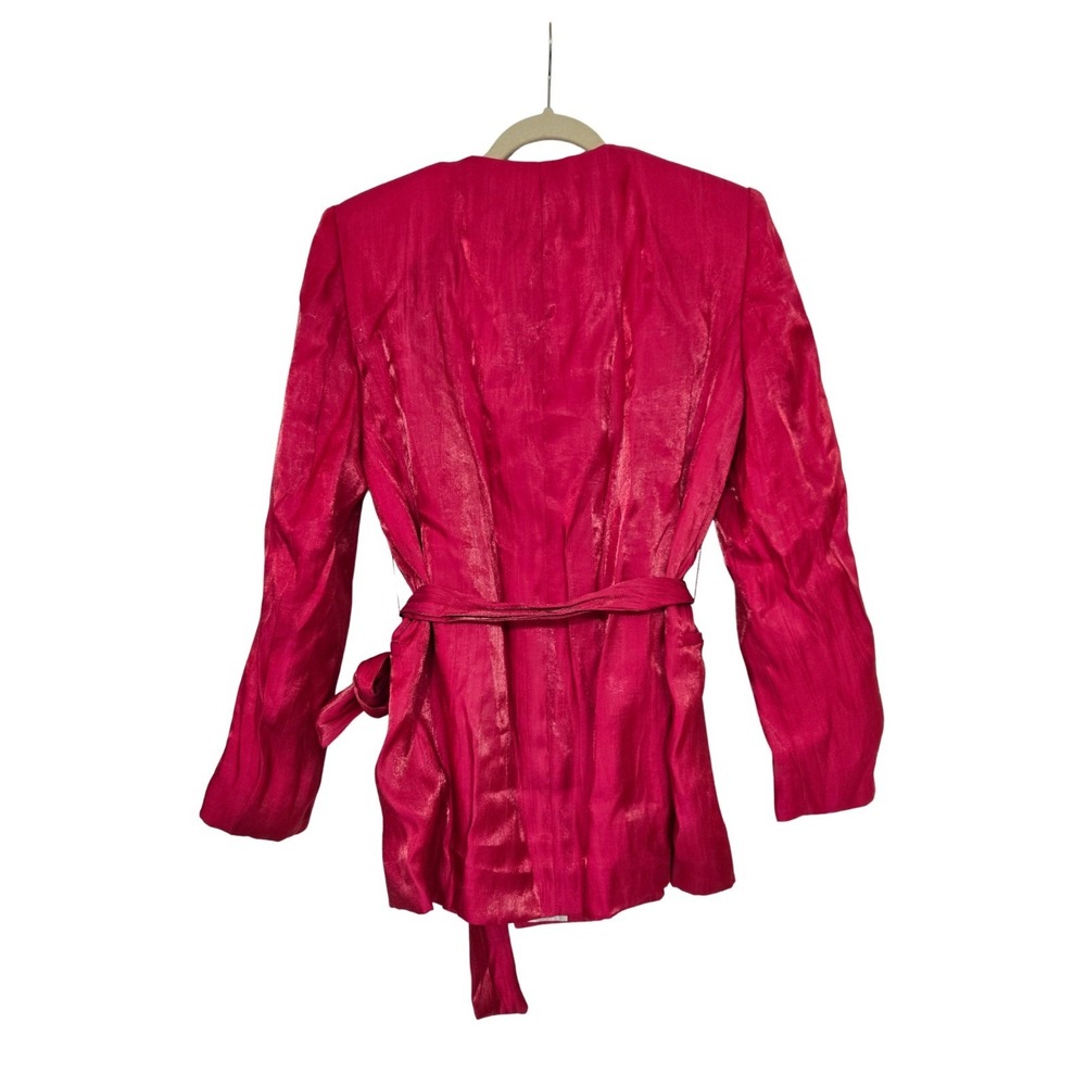 Zara Shiny Satin Wrinkle Effect Belted Shoulder Pad Blazer Fushia Size M NWT - Picture 3 of 10